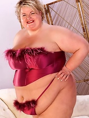 Mature and Large BBW in Red Lingerie Posing